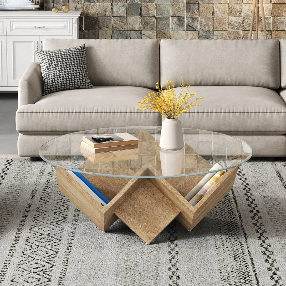 35.4'' Round Coffee Table with Tempered Glass Top and Geometric Art Deco Base, Modern Center Table with Storage Shelf for Living Room, Natural