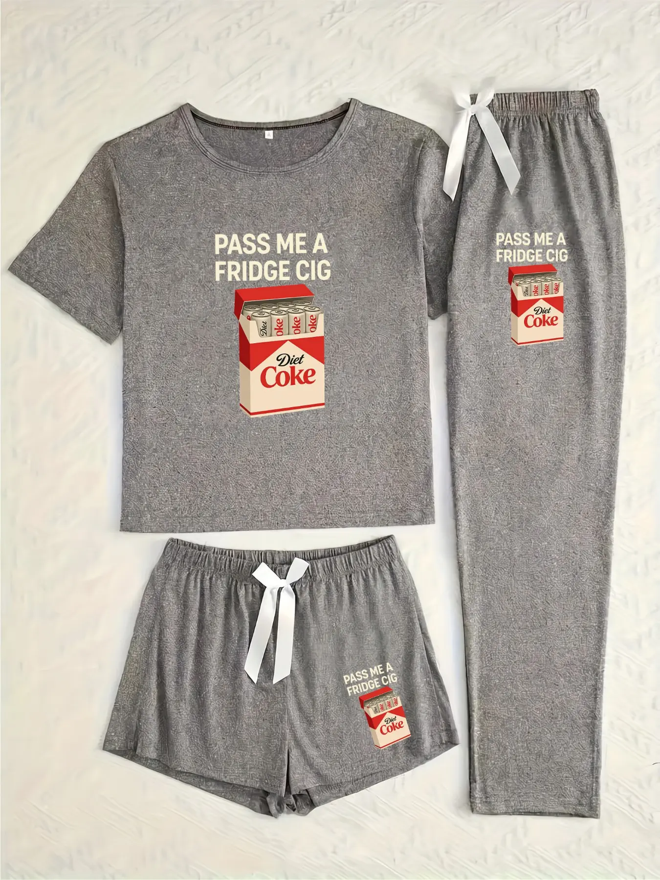 Three-Piece Pajama Set for Women, Cartoon Coca-Cola Cigarette Print, Loose-Fitting Casual Sleepwear, All Seasons Comfort
