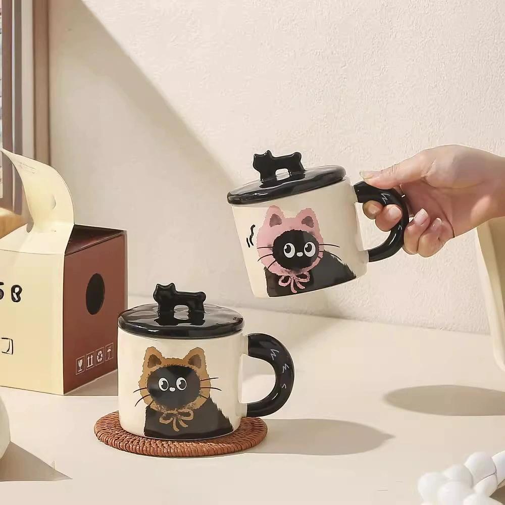 Cute Cat Pattern Ceramic Mug, 2 Counts/set Coffee Mugs with Lid & Spoon, Drinking Cup for Home Office Use, Gift for Girlfriend, Drinkware
