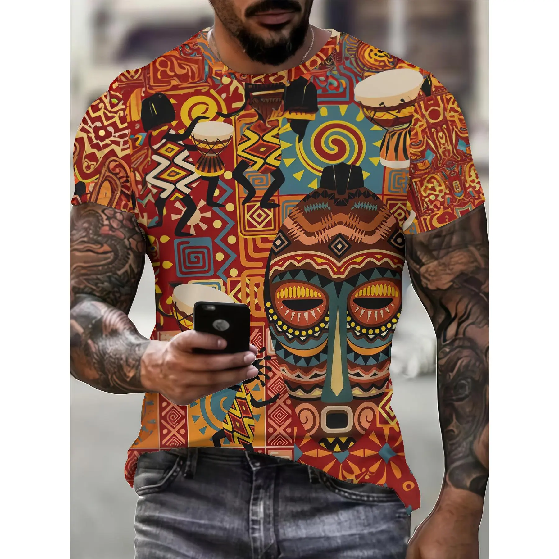 Men's African Tribal T-Shirt • Full-Body Print Short Sleeve Round Neck Top • 3D Tribal Patterns • Casual & Festival Wear • Suitable for Parties, Everyday Outfits • Machine Washable Cultural Apparel