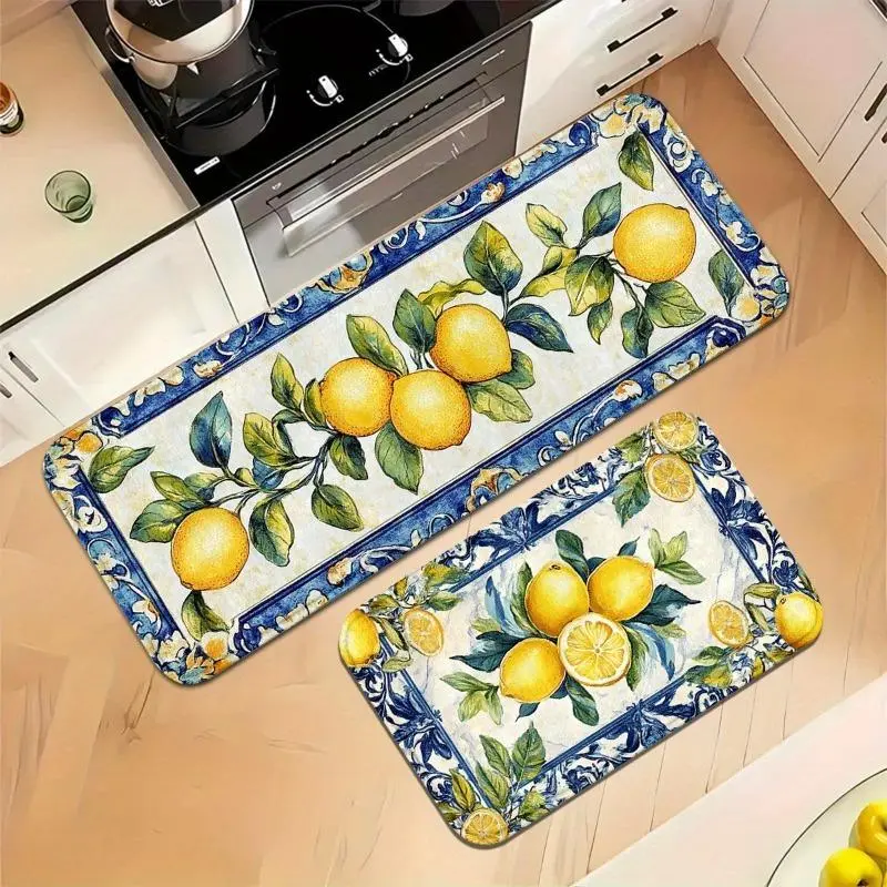 Sicilian Blue Tile Lemon Print Flannel Kitchen Mat - Non-Slip, Washable Fabric, Absorbent, Flannel Texture, Floor Rugs, Coastal Home Decor, Indoor Use, Absorbent Decorative Rugs