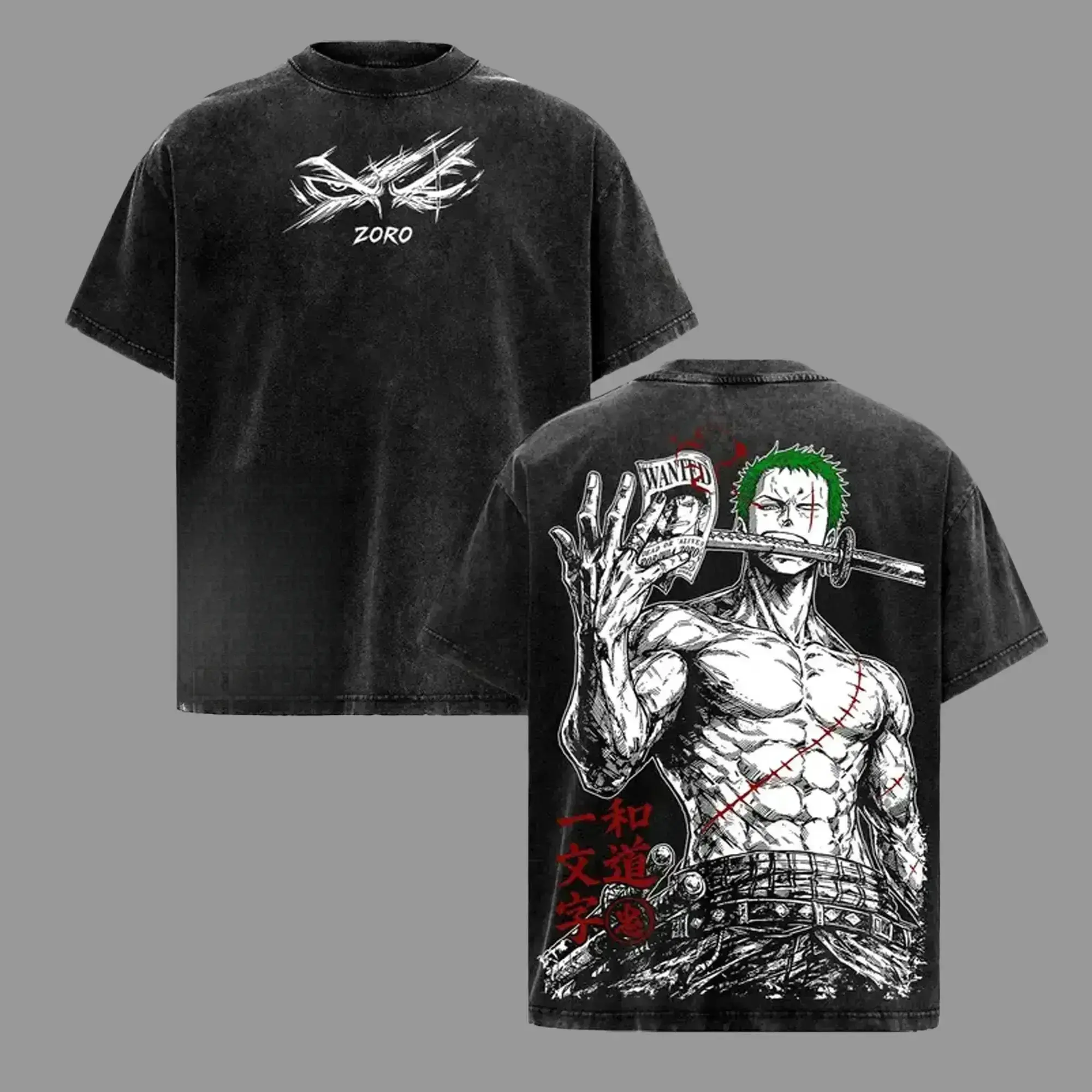 Roronoa Zoro One Piece Anime Three Sword Style Pirate Hunter Vintage Washed Oversized Graphic cotton Tee Katana Warrior Streetwear Shirt humorous day