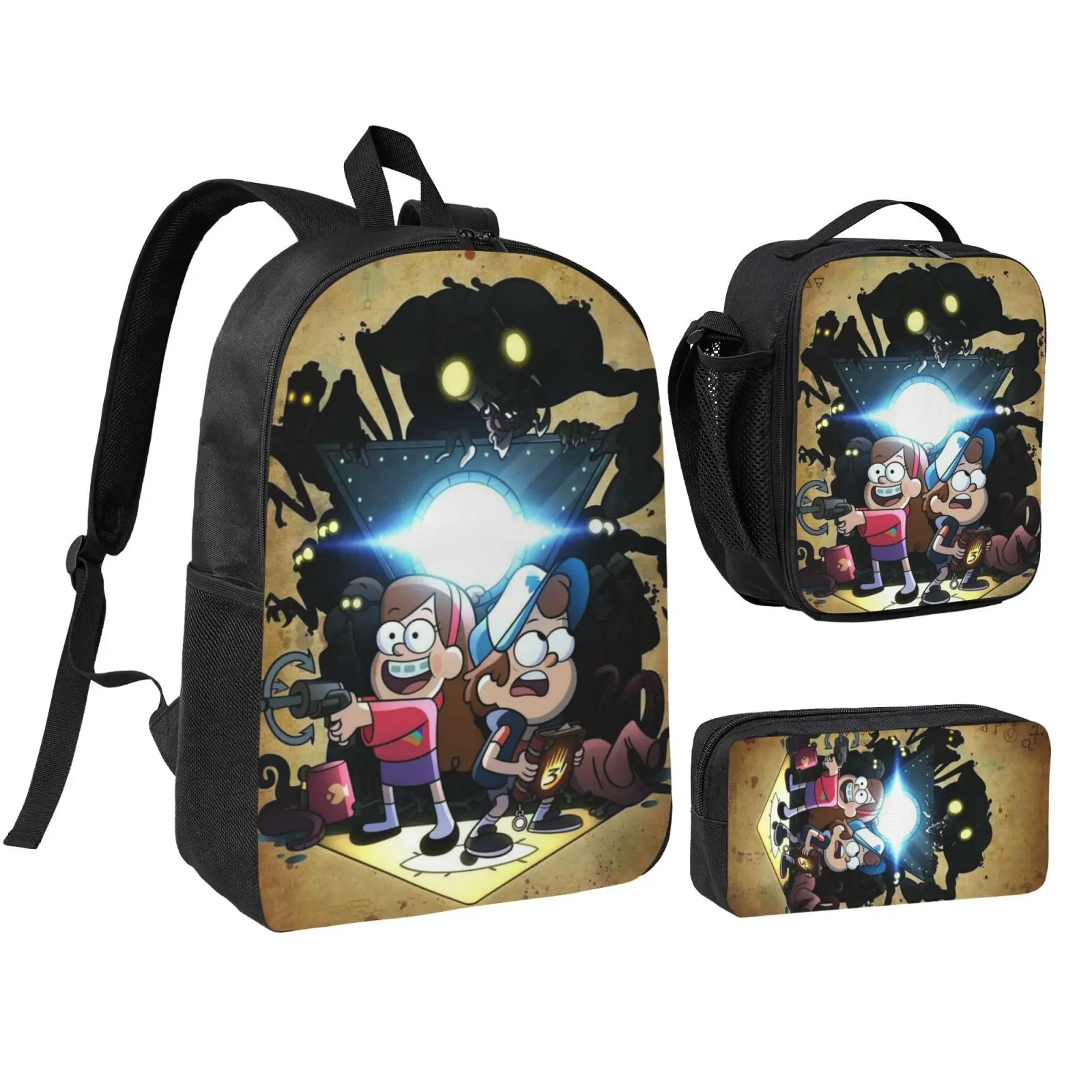 Anime Gravity Falls3 3Pcs School Backpack Set for Teens Boys Girls, Adjustable Strap Kids Bookbag with Insulated Lunch Bag & Pencil Case, Lightweight Travel Office Daypack