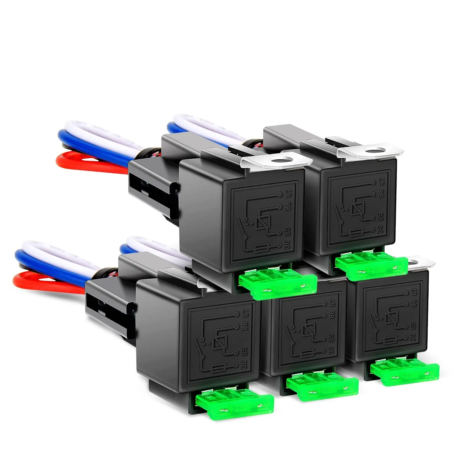 Nilight 5-Pack 30A Heavy-Duty 4-Pin SPST Relay Switch Kit, 12V Interlocking Mount Harness with Built-In Fuse Socket, 14AWG Color-Labeled Wires for Automotive Load Control, Easy Installation