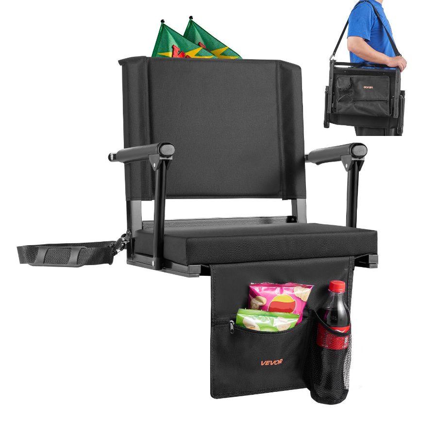 VEVOR Stadium Seat, Folding Bleacher Seat with Back Support and Thick Cushion, Padded Stadium Seats for Bleacher Includes Shoulder Strap, Hooks, Cup Holder, and Side Pocket, Black Bleachers Chair VEVOR Stadium Seat, Folding Bleacher Seat with Back Support and Thick Cushion, Padded Stadium Seats for Bleacher Includes Shoulder Strap, Hooks, Cup Holder, and Side Pocket, Black Bleachers Chair