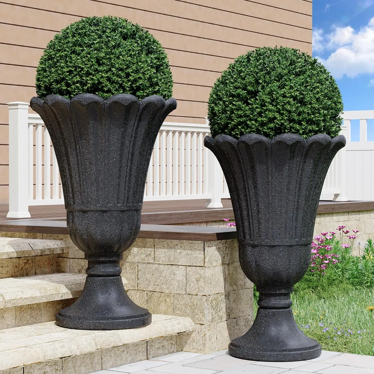 23" urn Planter Set of 2, Petal Design, Outdoor Planters, Black | HDPE, Weather-Resistant, Drainage Holes, Lightweight, Split Design, Easy Assembly, porch, patio, garden, Outdoor & Indoor