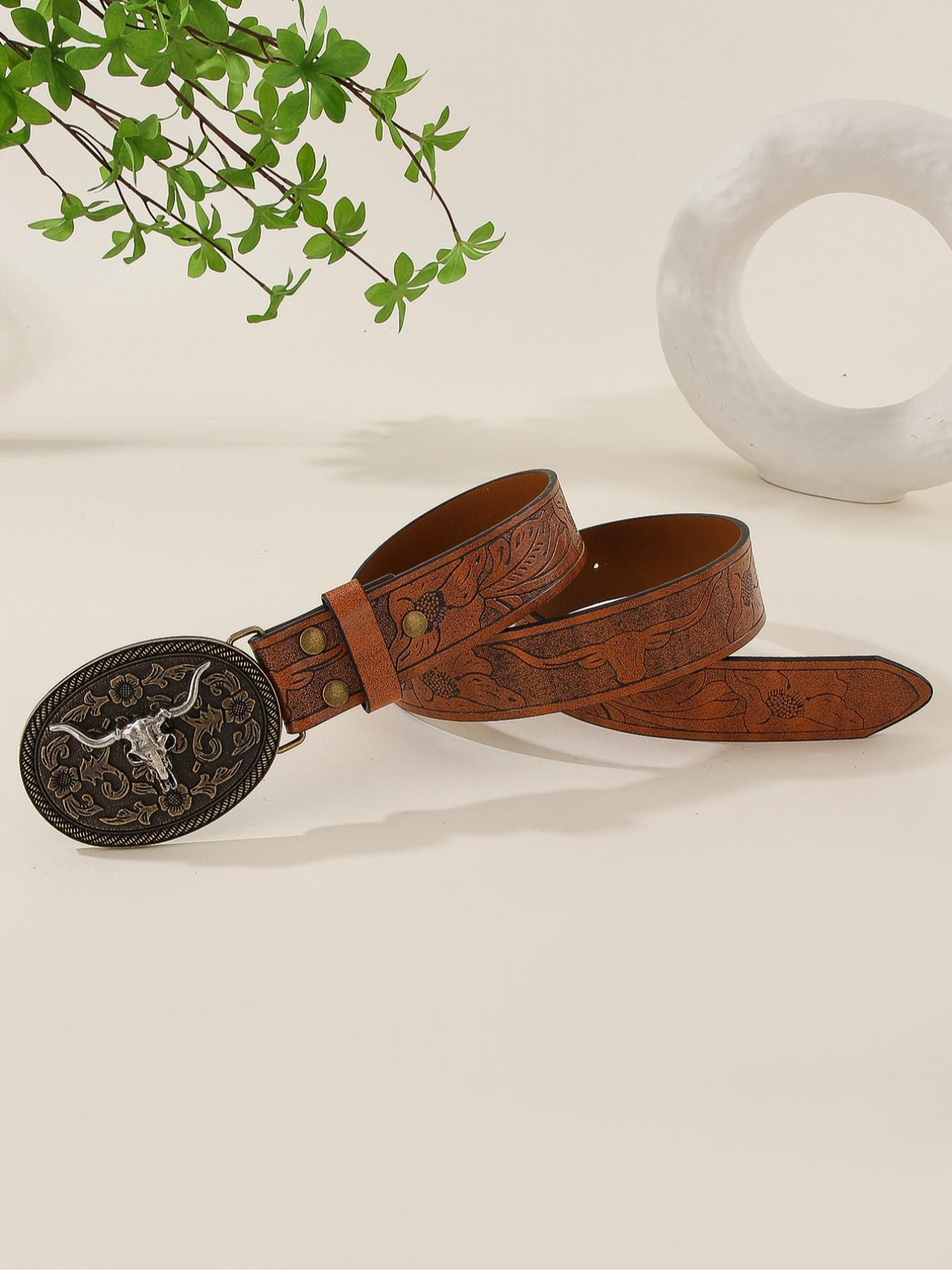 Vintage Flowers Embossed Western Belt with Cow Decor Buckle, Western Belt Buckles, Fashion All-match Cowboy Waistband for Jeans, Trendy Accessories for Daily Life