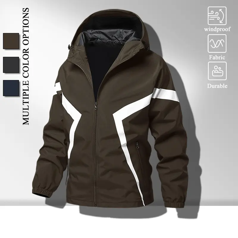 Wind Resistant Durable Lightweight Men Hooded Zip Jacket, Fashion Symmetric Chevron Contrast Stripes Outer Coat with Adjustable Hood Drawstring & Secure Zipper Storage Pockets, Comfort Loose Windproof Outerwear for All Seasons Commute Camping