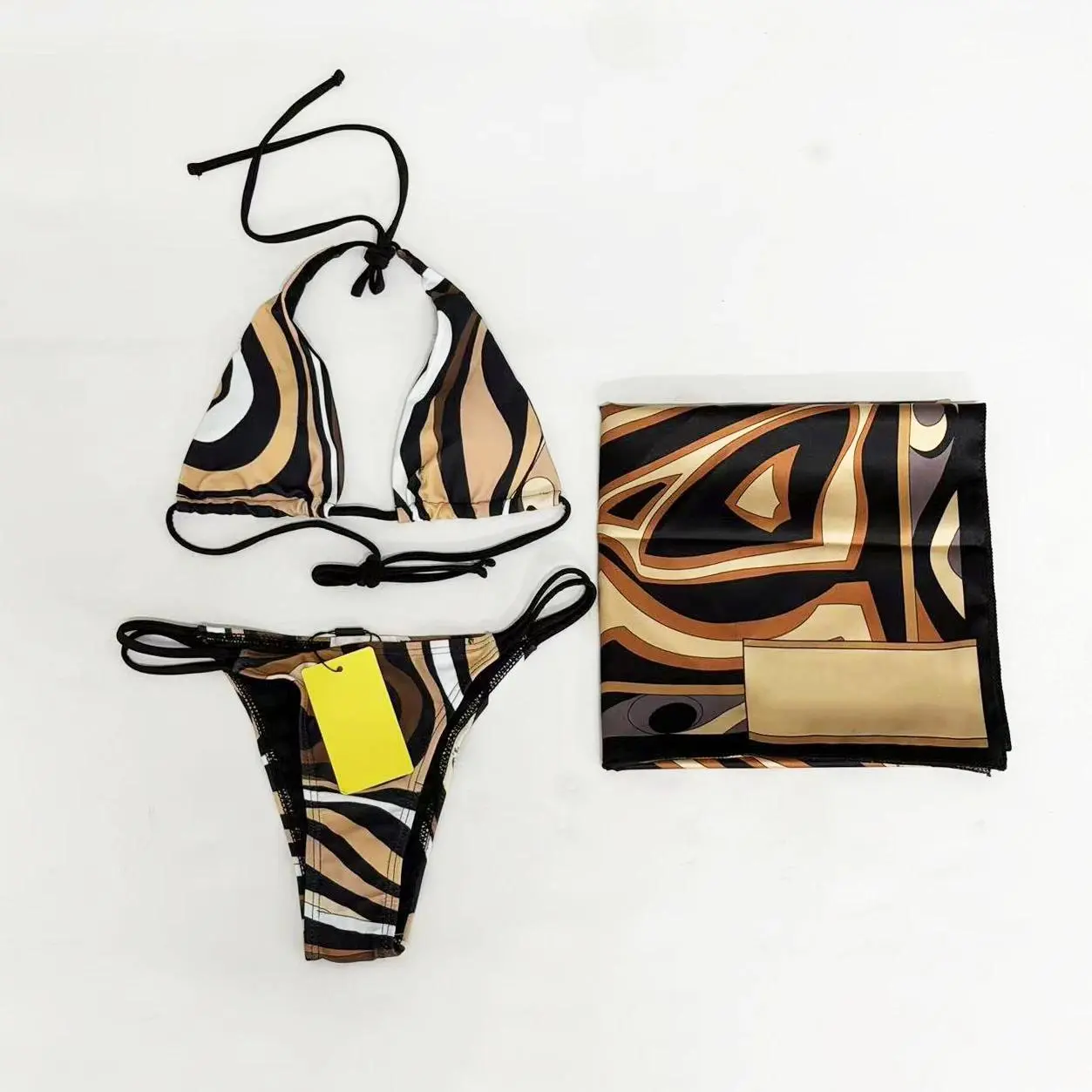Classic Women's Brown Scarf Bikini Sets with Designer Letter Signature Logo Luxury Design Women's Two-Piece Swimsuits Swimwear