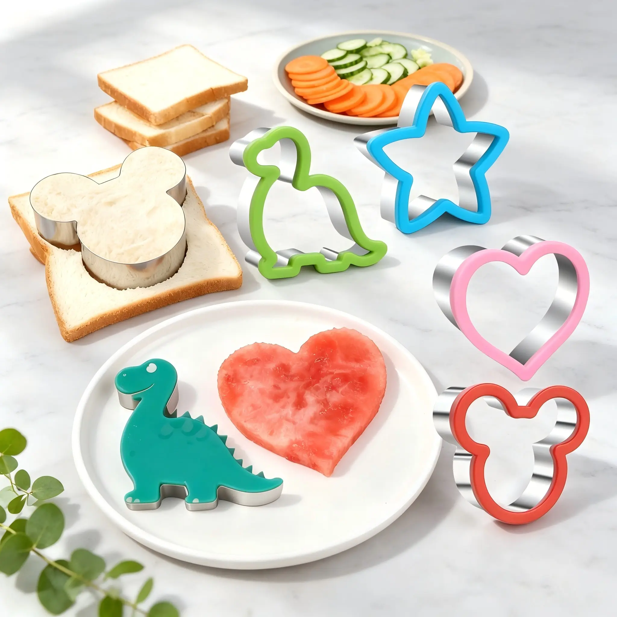 4-Piece Sandwich Cutter Set with Crisp-Free Sealer, Stainless Steel, Bear, Dinosaur, Star, Heart Molds, Kitchen Tools for Kids' Meals