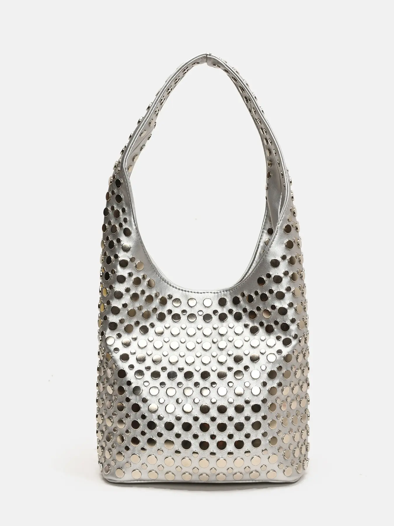 Y2K Vintage Millennium Silver Faux Leather Bucket Tote Bag Heavy-Duty Mixed Metal Studs Streetwear Large Shopping Shoulder Bag,Glam Shiny Silver Rivet Decor Underarm Purse Punk Aesthetic Multi-Tone Metal Dot Large Capacity Daily Commute Purse