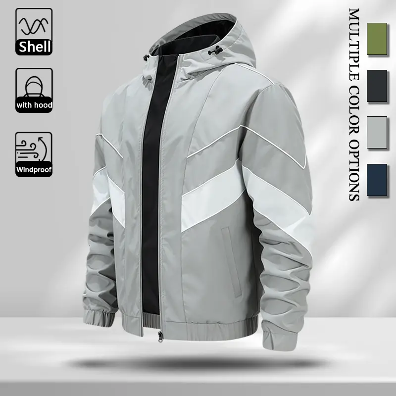 Wind Resistant Premium Fabric Men Hooded Casual Outer Jacket, Fashion Contrast White Chevron Panel Zip Front Coat with Adjustable Drawstring Hood, Durable Windproof Daily Outer Garment with Storage Pockets for Outdoor Casual All Seasons Wear, Four Classic