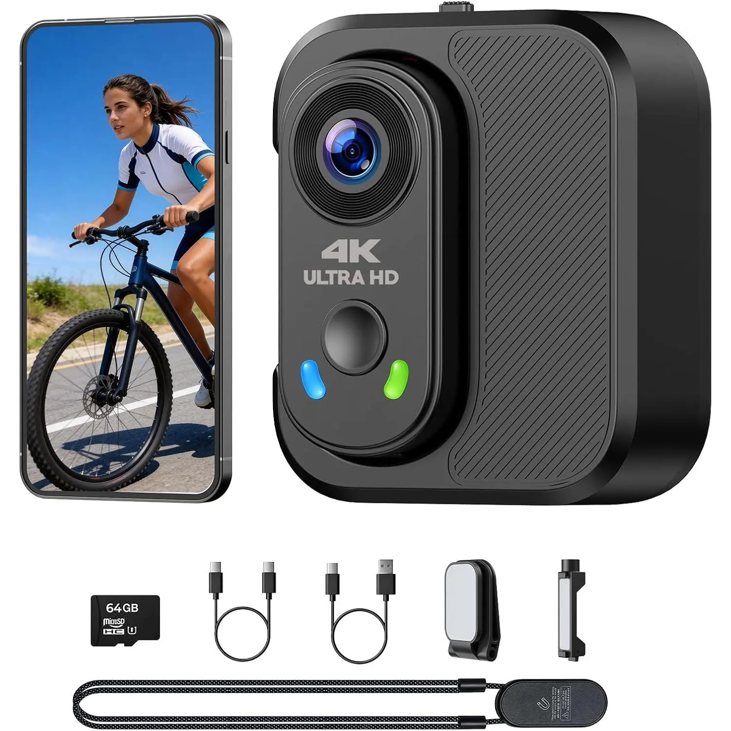 4K Mini  Camera, Thumb Action Camera with 64GB Card, WiFi, EIS Stabilization, Charger Case,  Mount, 150° Wide Angle Wearable POV Camera for  YouTube Vlogging Outdoor