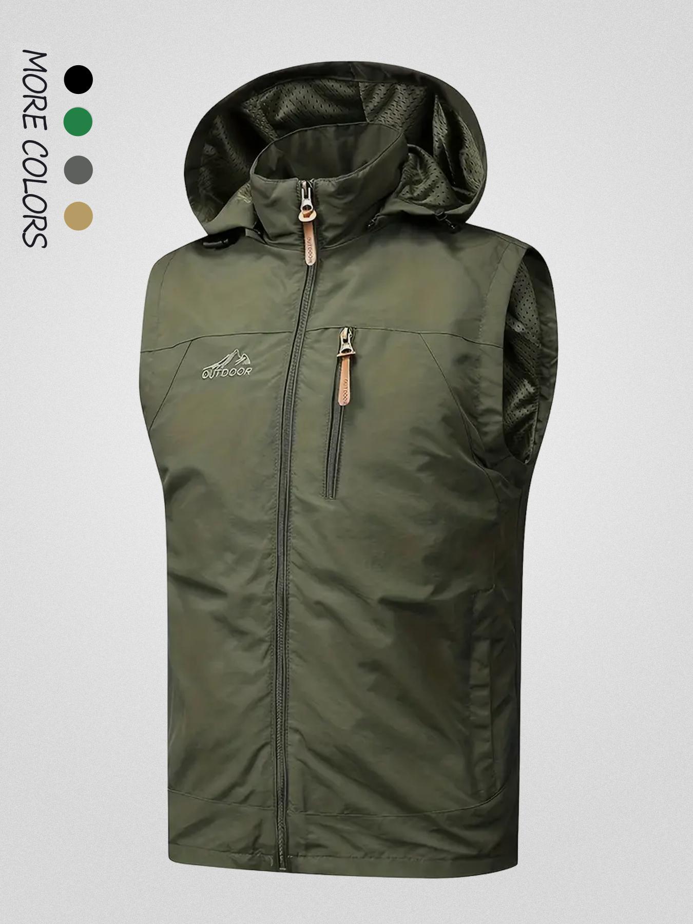 Men's Letter Graphic Embroidery Drawstring Zip Up Vest Zipper Hooded Vest Jacket, Regular Fit Casual Pocket Sleeveless Outerwear for Fall & Winter, Men's Clothes for Outdoor Activities