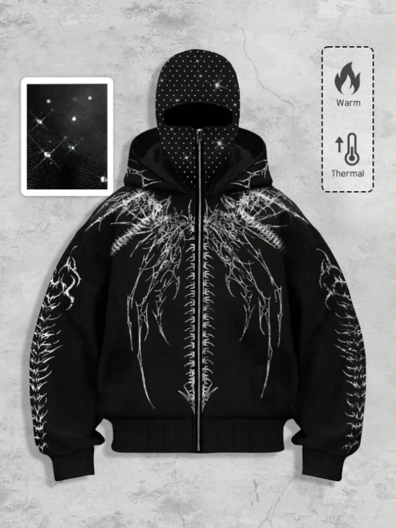 Hip Hop Bestseller Rhinestone Face Mask One-Piece Hooded Jacket, Thorn Dragon Wing Full Print Fleece Oversize Zipper Hoodie, Unisex