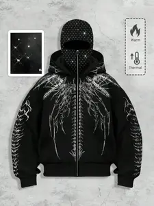Hip Hop Bestseller Rhinestone Face Mask One-Piece Hooded Jacket, Thorn Dragon Wing Full Print Fleece Oversize Zipper Hoodie, Unisex