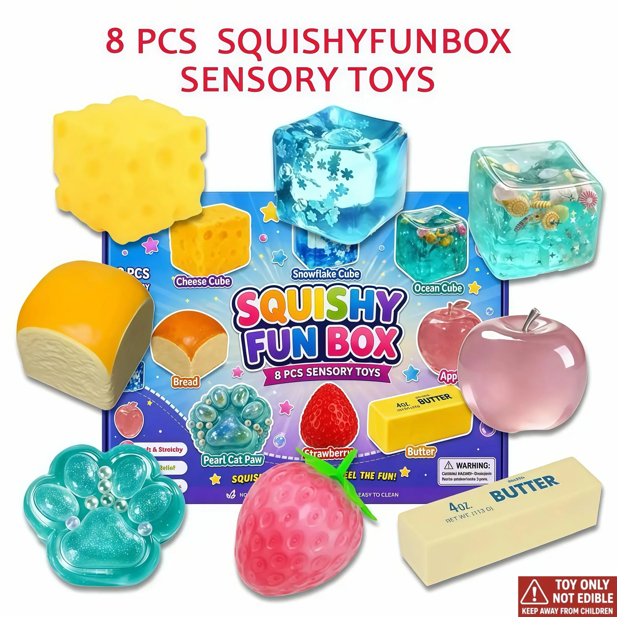 8-Piece Set Box Malt Sugar Stress Relief Fidget Toys, Sensory Bundle, Creative Slow-Return Squishy, Party Gift, 8 Different Styles, Squishy Fun Box