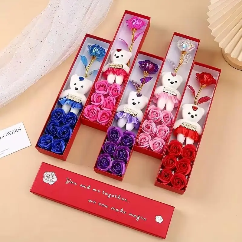 Creative Gift Box with Plush Bear & Artificial Roses, Ideal for Weddings, Birthdays, Special Occasions, Durable Plastic, Floral Decor