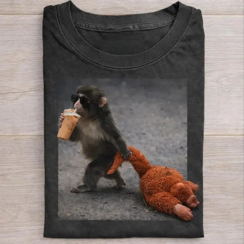 Funny Monkey Graphic T Shirt Monkey Drinking Iced Coffee Meme Tee Cute Animal Unisex Short Sleeve Casual Top