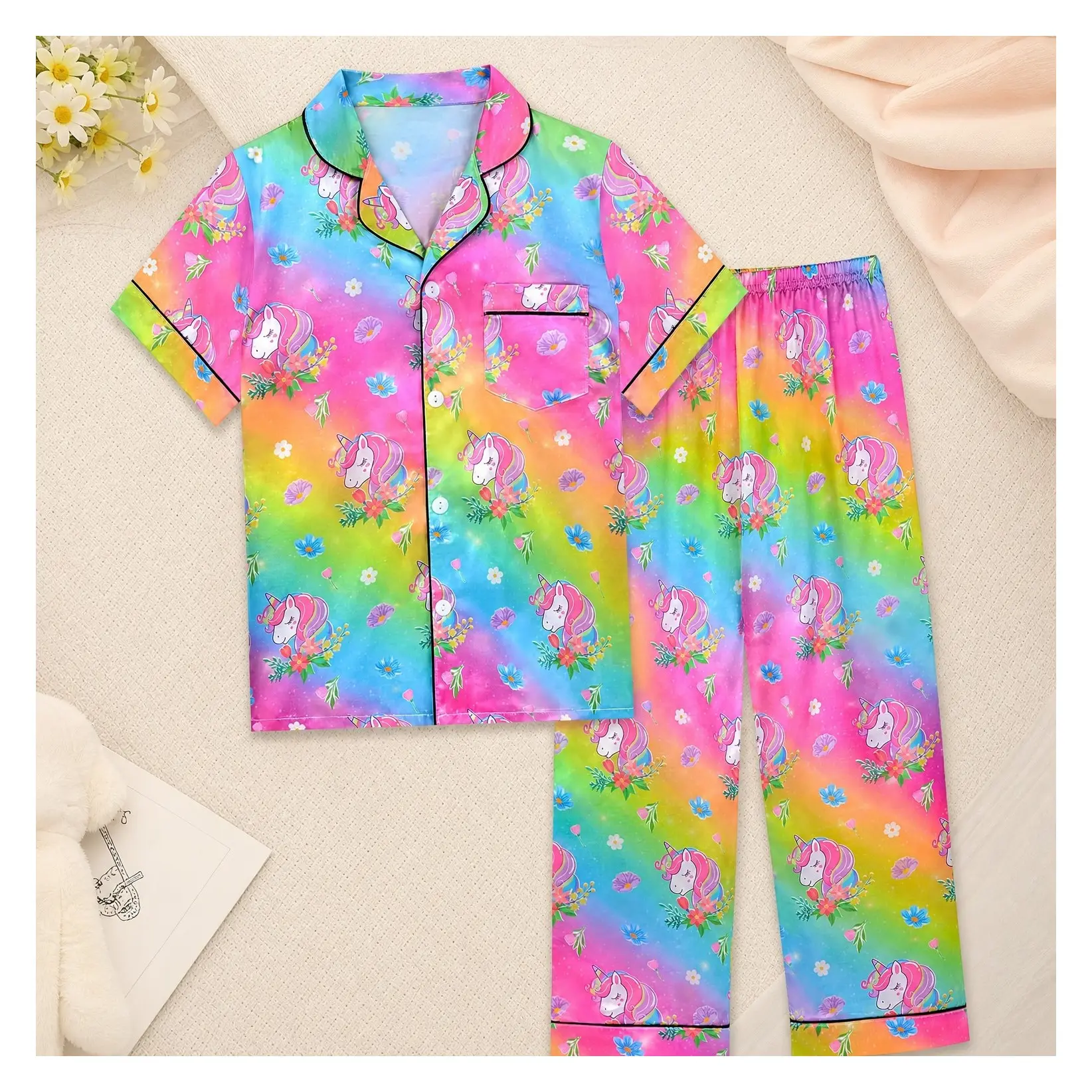 Girls Satin Pajamas Set Silky Sleepwear Rainbow Unicorn Print Short Sleeve Top and Long Pants PJs for Toddler KidsGift