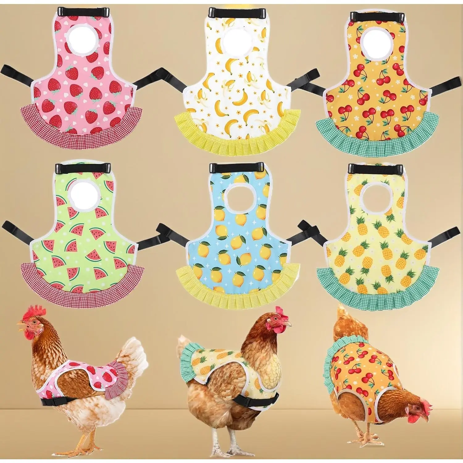 6 Pcs Chicken Saddle for Hens, Chicken Aprons Back Protector for Hens, Chickens Vest Jacket Saddles for Poultry Hen Feather Fixer Supplies (Adjustable Strap, Fruit)
