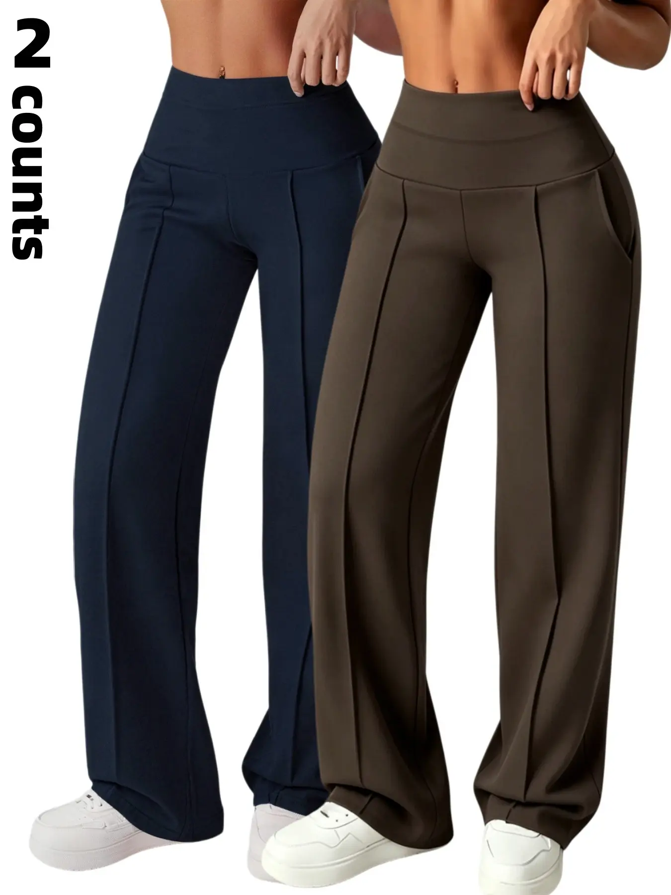 2pcs Women's Plain Loose Straight Leg Pants, Wide Leg High Waisted Athletic Sporty Casual Sweatpants, Fitness Workout Pants, Activewear Pants, Comfortable Daily Wear