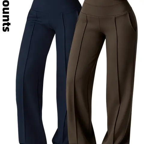 2pcs Women's Plain Loose Straight Leg Pants, Wide Leg High Waisted Athletic Sporty Casual Sweatpants, Fitness Workout Pants, Activewear Pants, Comfortable Daily Wear, Athleisure High Waist