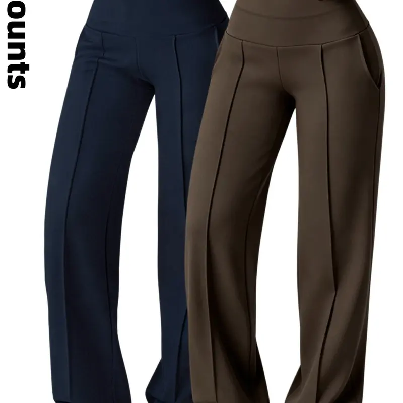2pcs Women's Plain Loose Straight Leg Pants, Wide Leg High Waisted Athletic Sporty Casual Sweatpants, Fitness Workout Pants, Activewear Pants, Comfortable Daily Wear, Athleisure High Waist