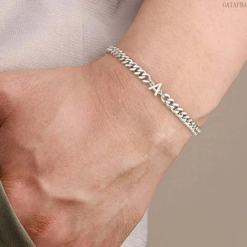 26 English Letter Stainless Steel Silver‑Tone Bracelet for Men, Stylish Daily‑Wear Wrist Jewelry