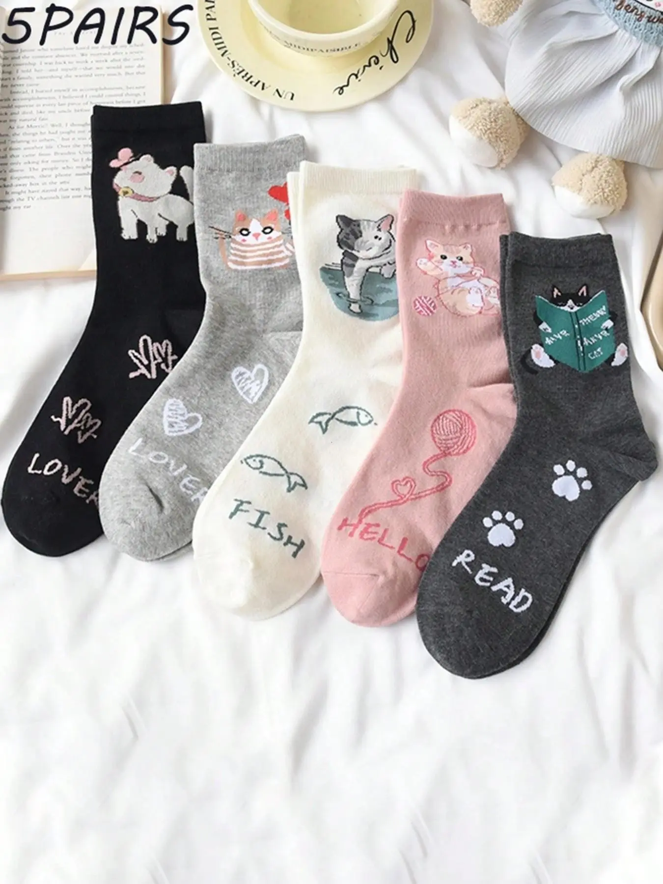 5 Pairs Women's Cat-Themed Crew Socks, Cute Cartoon Design, Breathable & Comfortable, All-Season Wear, Casual Daily Use