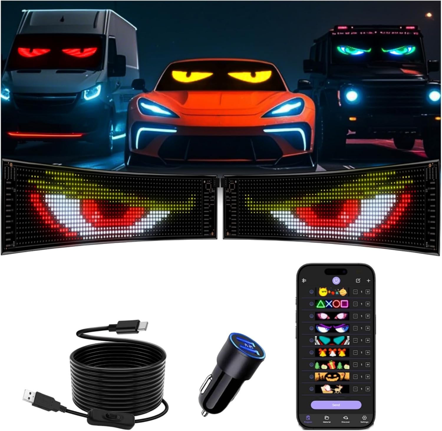 RAZEN Universal Devil Eye LED Light & Flexible Car LED Display, Bluetooth Wireless Control for Sedans, Mid-size Cars & SUVs, Men’s Gift for Auto Exterior Decor, Vehicle Decals & Grille LED Trim