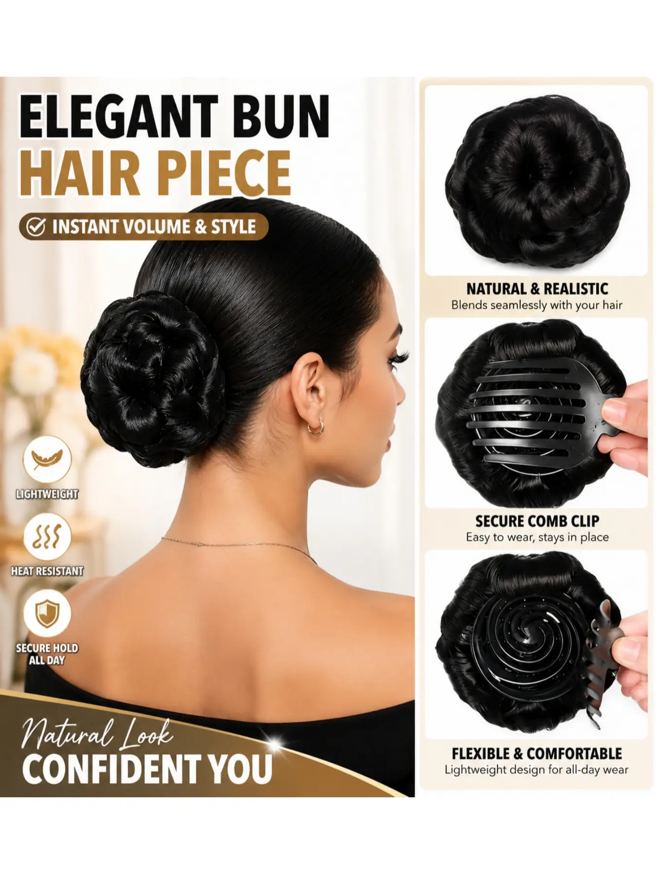 Nine Flower Bun Wig, Bun Hair Extensions, Donut Hair Extensions, Bun Clips, Nine Flower Comb, Synthetic Hair Pieces, Fashion Synthetic Bohemian Hair Wig for Holiday, Daily, and Party Styling, Suitable for Halloween Cosplay, Heat-Resistant Wig