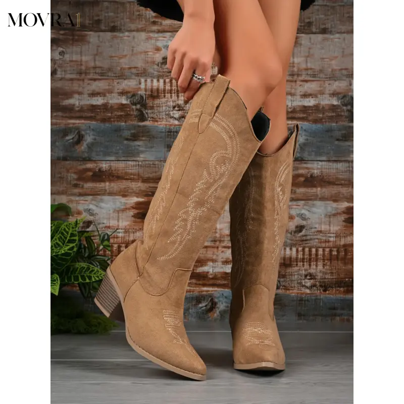 MOVRA1 Women's Pointed Toe Western Cowboy Boots, Western Rodeo Boots, Thick Heel Retro Tube Boots, Elegant Narrow Fit, Fall & Winter Fashion