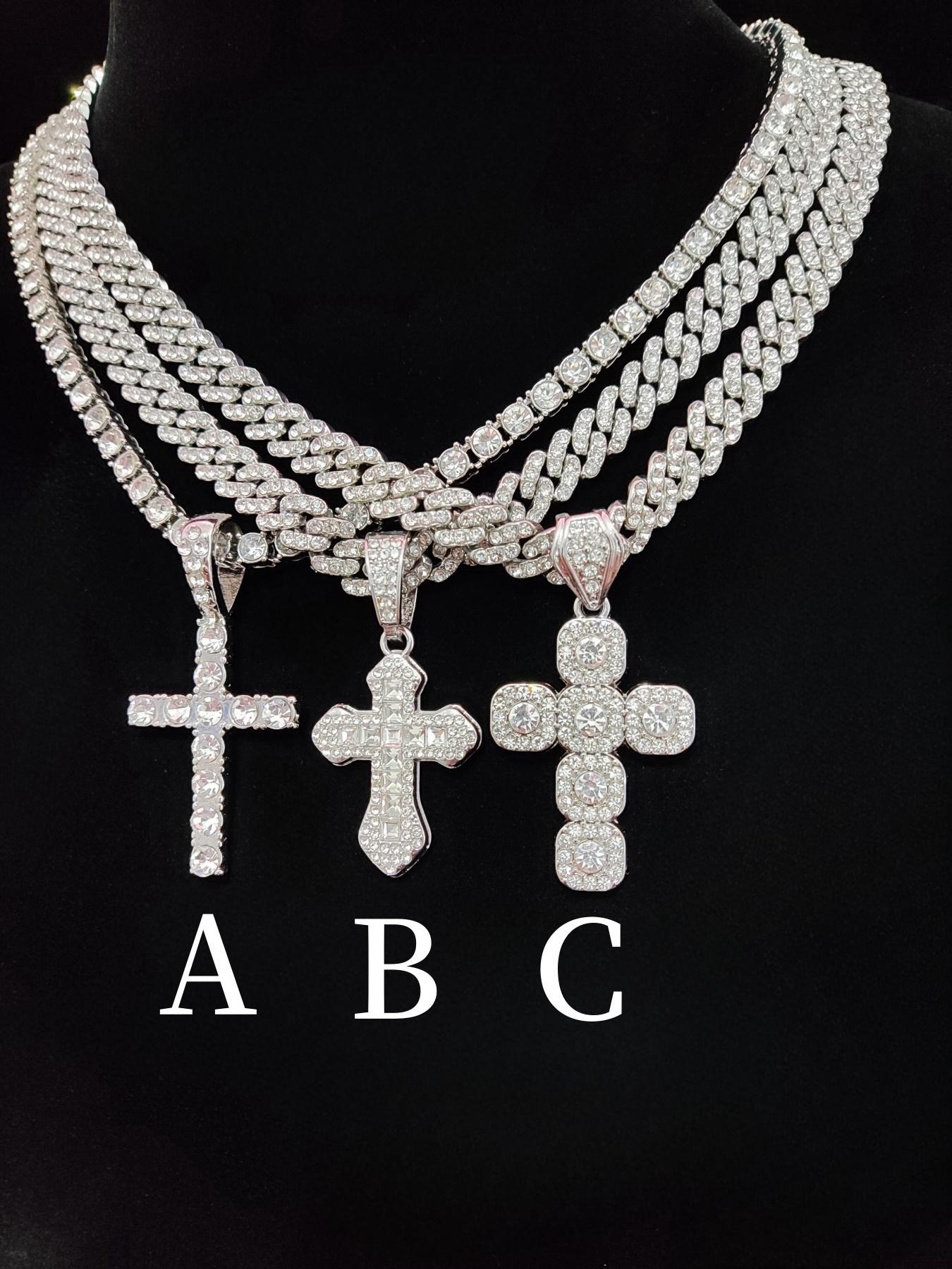 Rhinestone Cross Pendant Necklace for Men & Women, Couple Things, Necklace, Jewelry for Party, Accessories As Gift for Boyfriend & Girlfriend, Cuban Cross Necklace