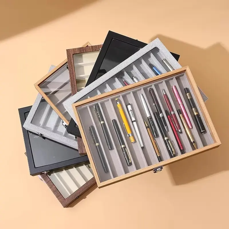 Dust-Proof Pen Storage Box with Lid, Large Capacity Pen Display Case, Home Use Pen Collection Organizer, Stylish Steel Pen Holder