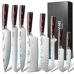 8 Piece Kitchen Knife Set, High Carbon Stainless Steel Knife Set with 3 Nakiri Knives, 2 Santoku Knives, Bread Knife, Boning Knife & Paring Knife, Sharp Kitchen Knives with Ergonomic Non-Slip Handle