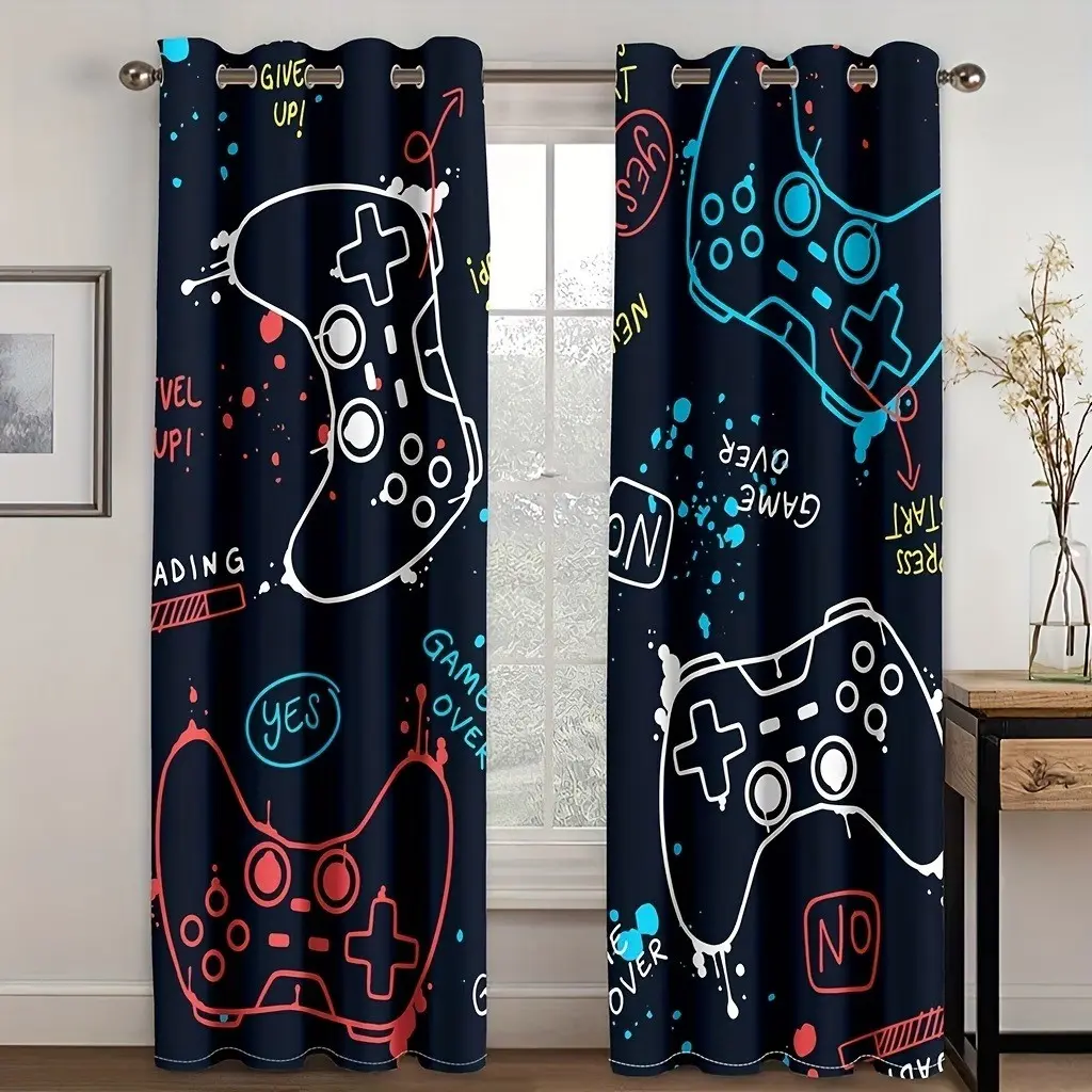 2-Pack Ps Game Controller Art Style Curtains, Window Hanging, 2D Art Print, Semi-Transparent Polyester, Ideal for Gaming Room, Bedroom, Kids' Room