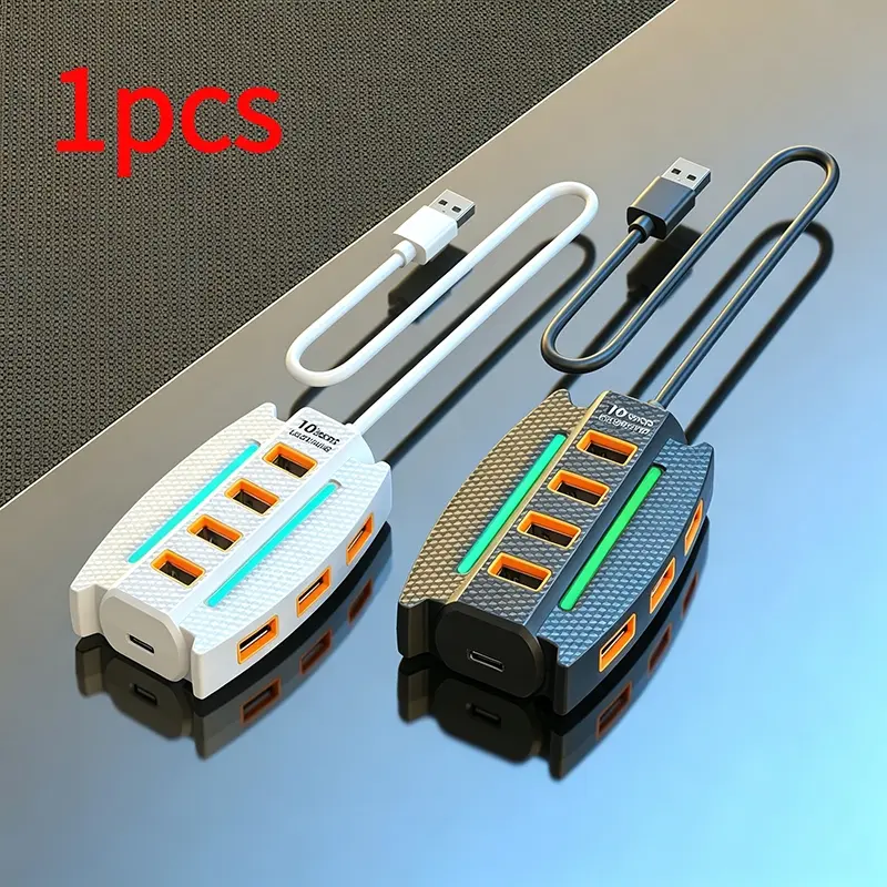 1Pc 10 Port USB 2.0 Hub Carbon Fiber Texture RGB Light USB Splitter, Black & White Two Colors Portable Multi-port USB Expander For Laptop Desktop