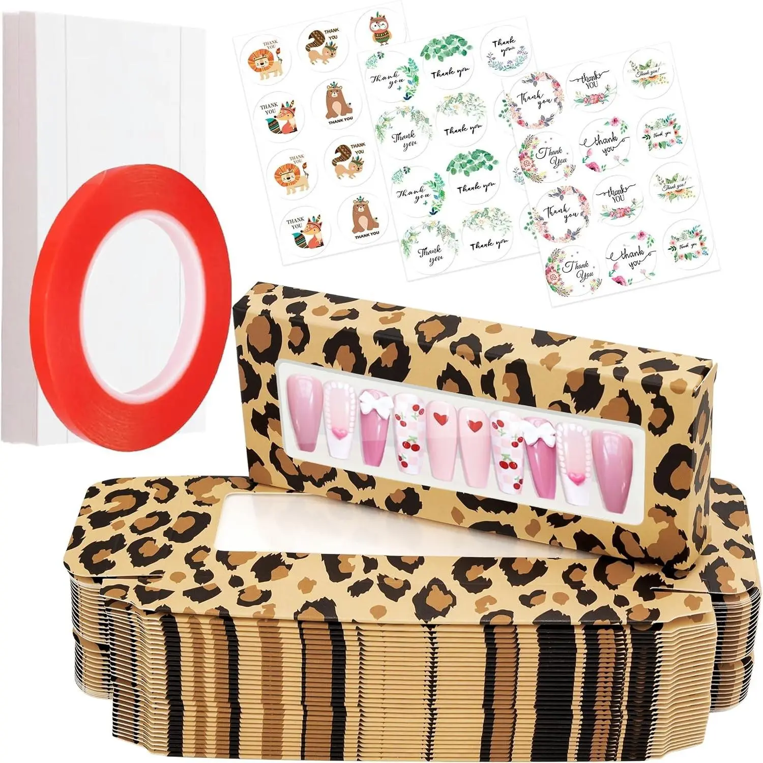 74PCS Press on Nails Packaging Box Set Includes 35PCS Empty Nail Package Box 35PCS White Background Paper 1 Double Sided Tape 3 Thank You Stickers for Press on Nail Business Brown Leopard