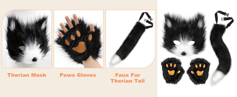 GJ-L-GCS067 Faux Fur Cat Fox Mask Tail and Paw Set, Wolf Furry Suit Plush Therian Accessories Kit GJ-L-GCS067 Faux Fur Cat Fox Mask Tail and Paw Set, Wolf Furry Suit Plush Therian Accessories Kit
