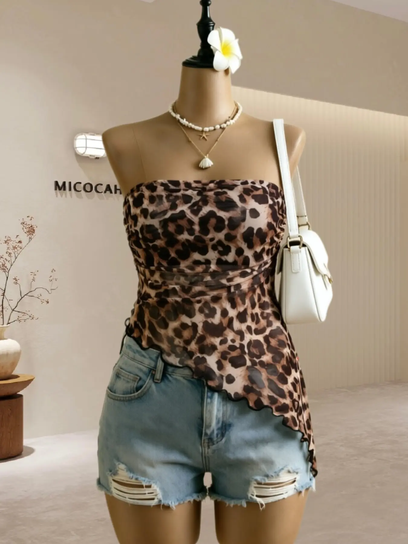 European and American Wild Leopard Print One-Shoulder Crop Top, Wood Ear Side Drawstring Slimming Sexy Pure Desire Style Outerwear Innerwear Shirt