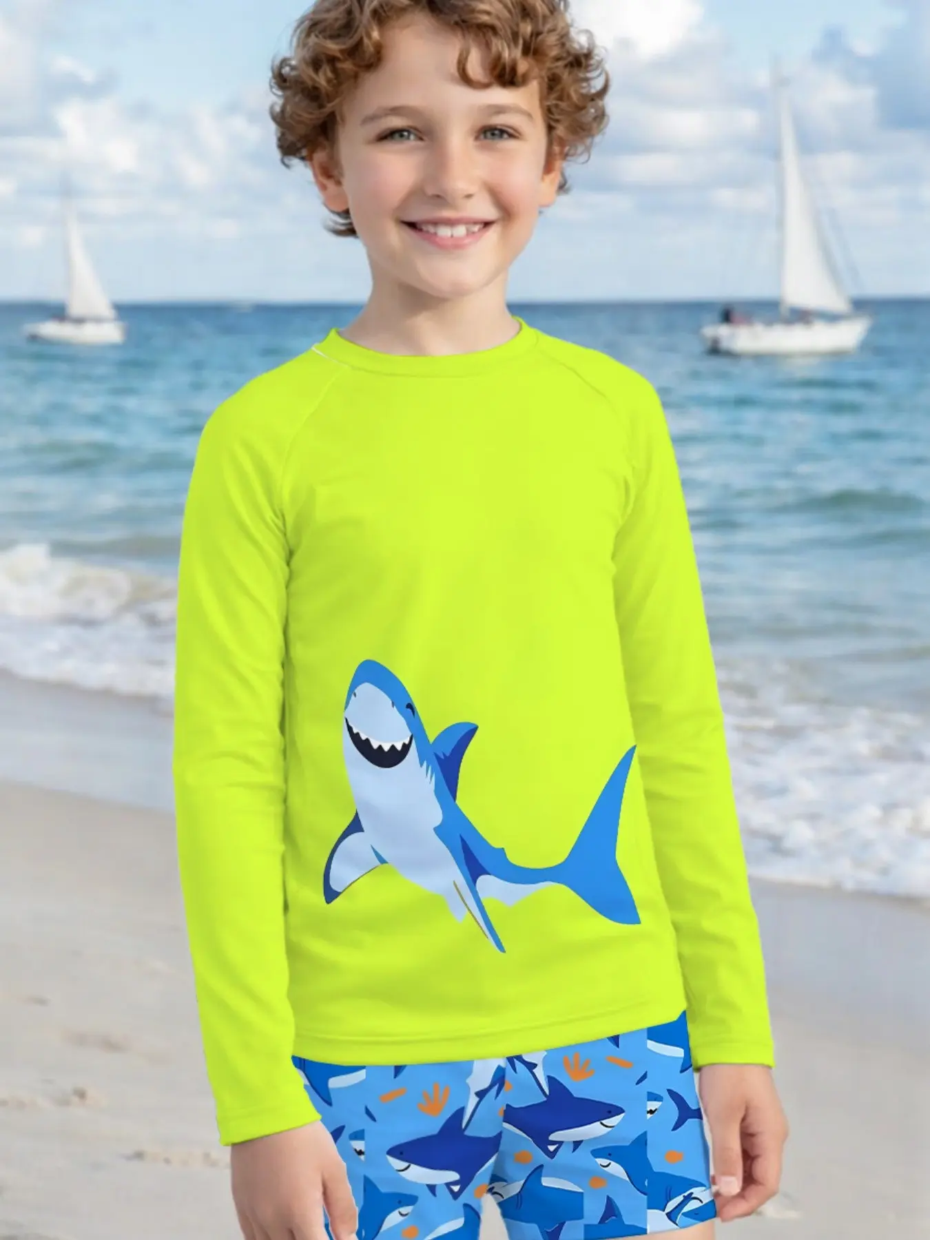Boys' Long Sleeve Swimwear Set, Shark Print Quick-Dry Rash Guard & Shorts, Beach Surfing Leisure Suit, Multi-Scene Wear