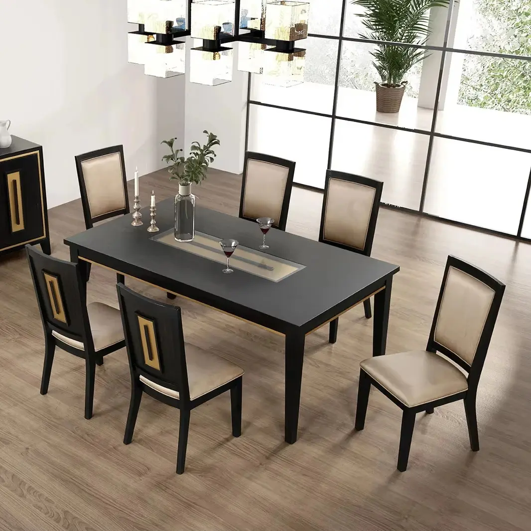 7pc Modern Dining Set with Espresso Dining Table and Glass Insert Top 6 Chairs-Wooden Hotel Apartment Dining Room Furniture