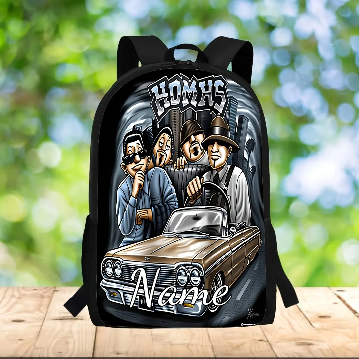 Custom Homies Lowrider Chicano Art Backpack, Personalized Name Latino Street Style Bookbag For Men Teens| 600D Oxford Large 15in Laptop Backpack, Hip Hop Old School Car Print Backpack Perfect For School Travel Daily Use Unique Cholo Graphic Bag Gift For