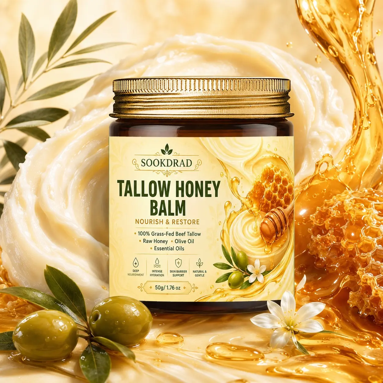 Tallow Honey Balm, 100% Grass-Fed Beef Tallow, Raw Honey, Olive Oil, Essential Oils, Deep Nourishment, Intense Hydration, Skin Barrier Support, Natural & Gentle, All Skin Types, Hydrating Body Care, 50g/1.76 oz