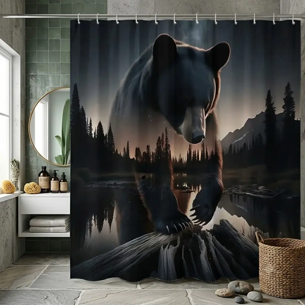 1pcs Wild Black Bear Forest Lake Shower Curtain, Mountain Pine Tree Twilight Wilderness Art Print Bathroom Curtain, Rustic Wildlife Decor For Holiday Home Bath Interior Decoration