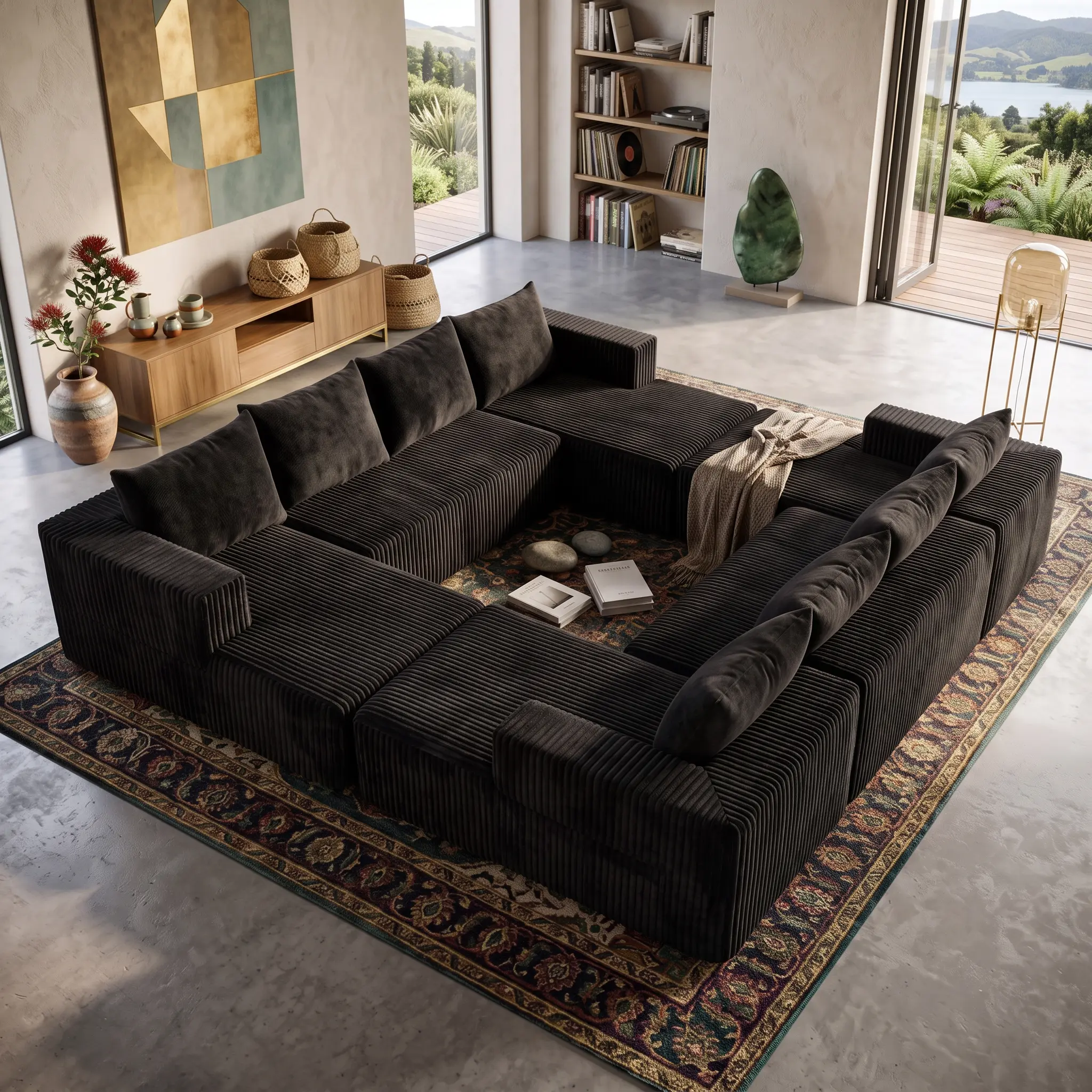 Vacuum-compressed sofa that expands into a giant U-shaped sofa when unpacked!