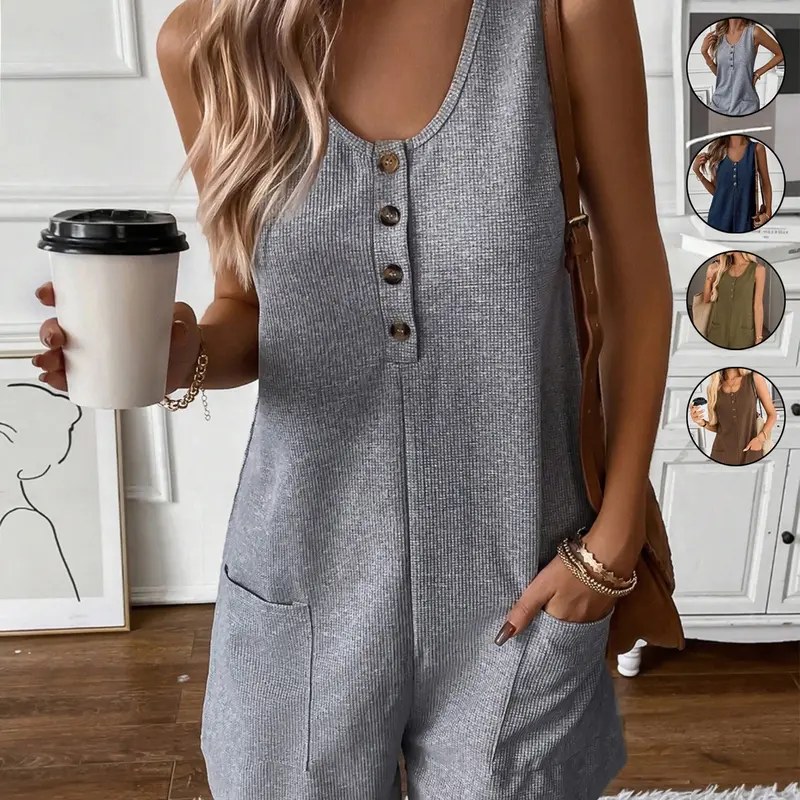 Women's Casual Solid Color Waffle Texture Button Front Loose Fit Jumpsuit Romper with Pockets, Sleeveless Romper for Summer, Comfortable and Stylish One-Piece for Daily Wear Rompers Jumpsuits