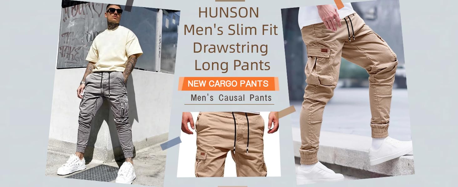 HUNGSON Men's Slim Fit Cargo Pants Slimming Drawstring Mid Waist Casual Trousers for Men Above Ankle Length with Slanted Pockets Versatile Lightweight Bottoms for Daily Wear All Seasons Functional Elastic Waistband for Everyday Wear