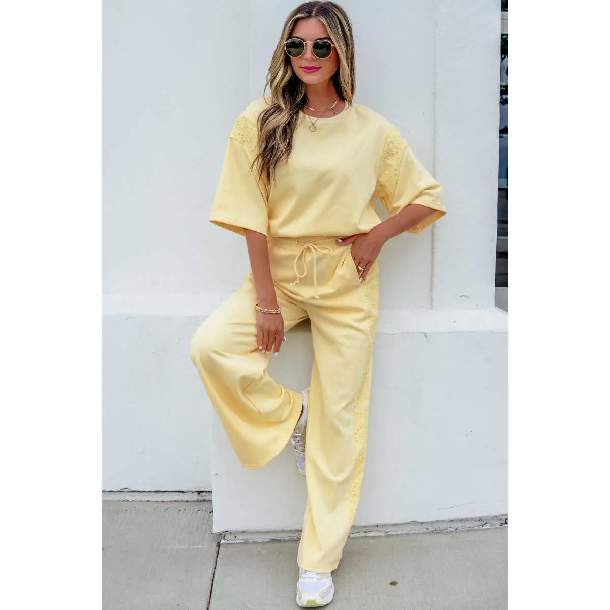 Women Lace Patchwork Two Piece Set Half Sleeve Eyelet Top Elastic Drawstring Waist Wide Leg Pants Summer Outfit